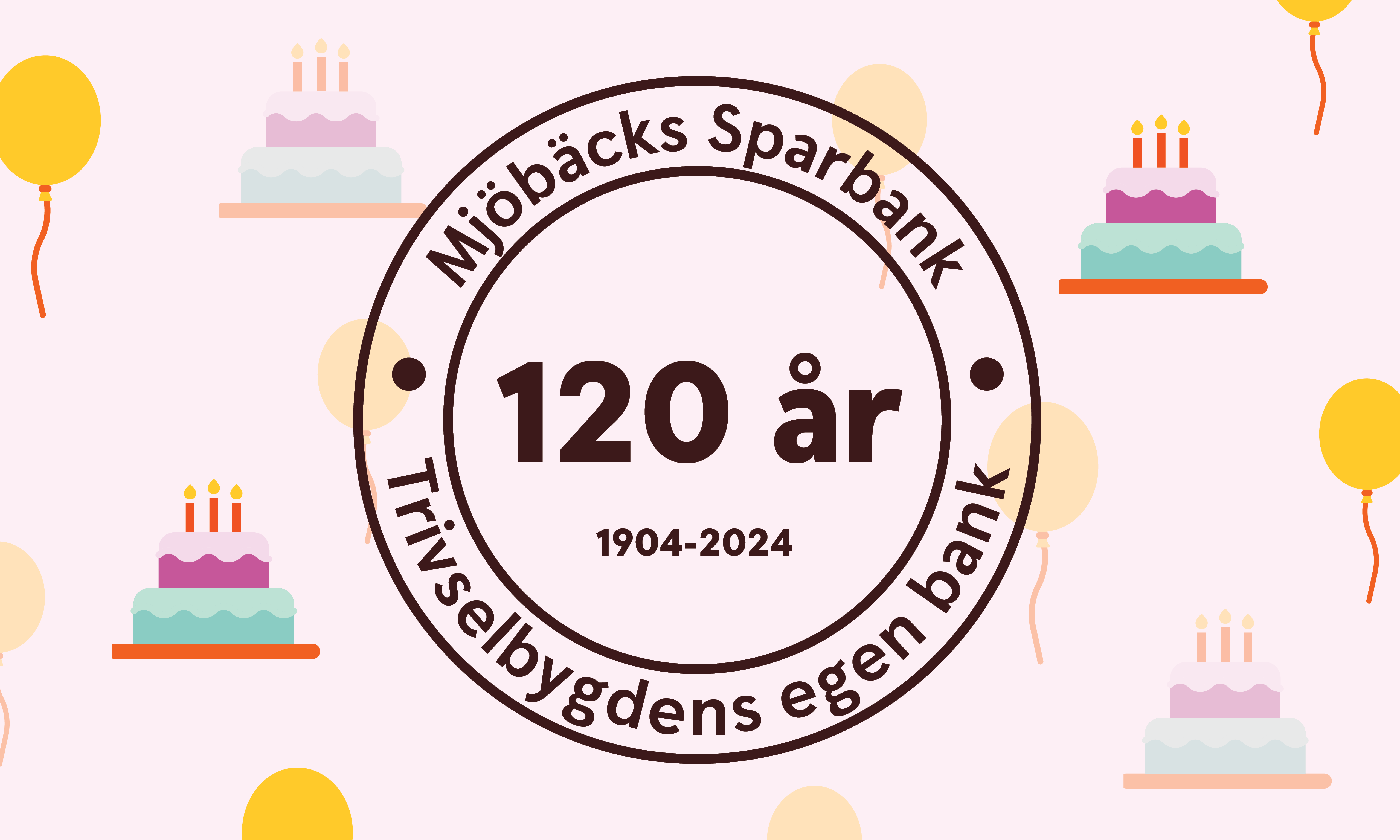 Logo with text: Mjöbäcks Sparbank 120 år 1904-2024 Trivselbygdens egen bank. The logo is surrounded by balloons and cakes.